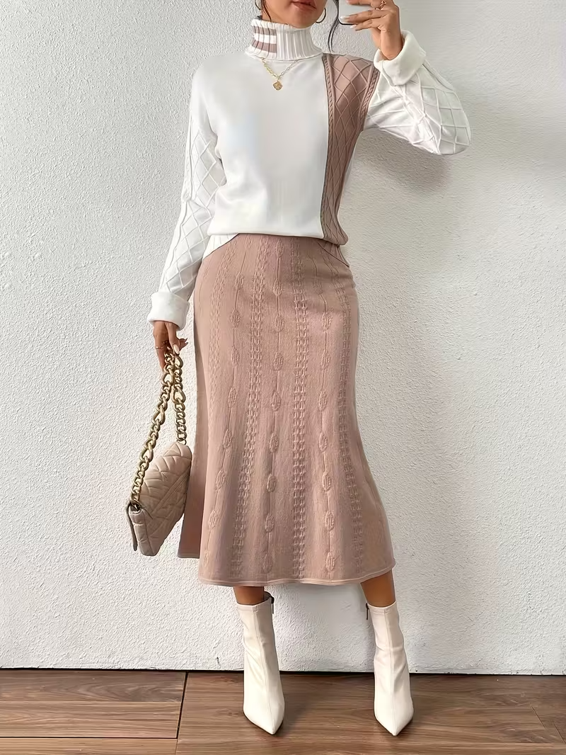 Ensemble Col Monté Uni et Robe Décontractée